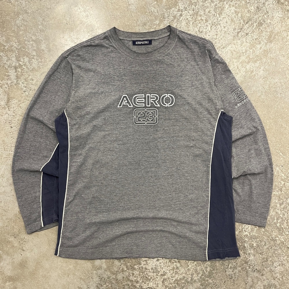 Aeropostale Mens Long Sleeve Graphic Tee Gray Navy Blue Aero 23 Sporty T-Shirt